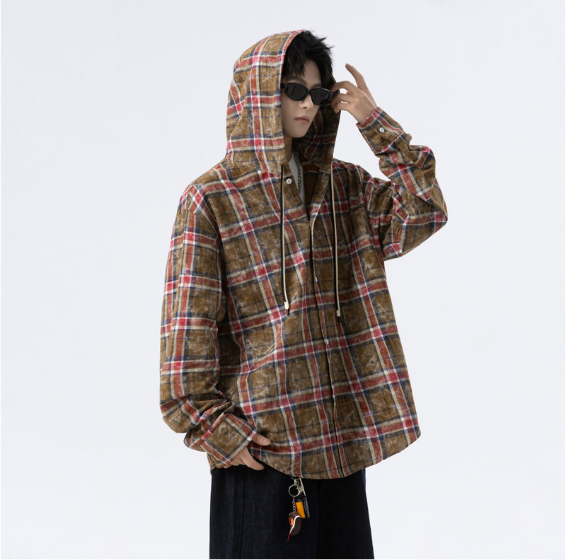 メンズ シャツ メンズ フード付きチェック柄長袖シャツ