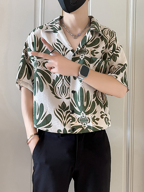 シャツ メンズ 柄シャツ 華麗な草花模様 開襟半袖シャツ