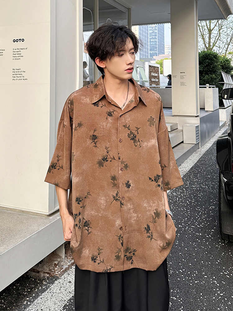 シャツ メンズ 柄シャツ 花模様ゆったり七分袖シャツ