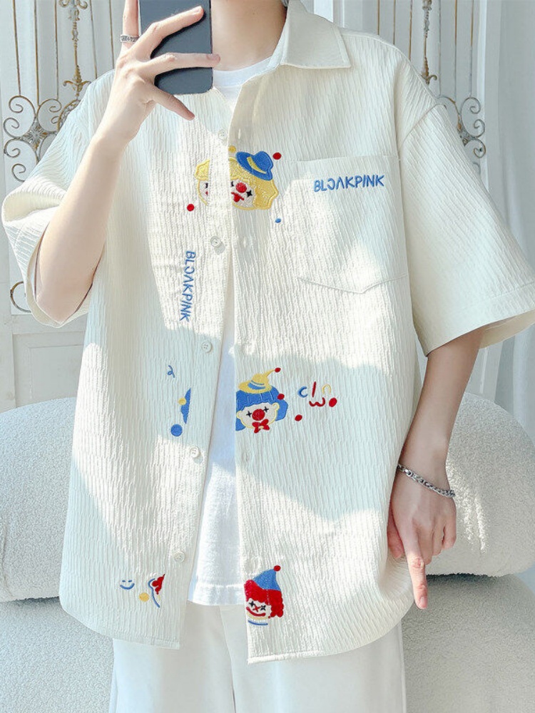 シャツ メンズ サーカスキャラクター刺繍半袖シャツ