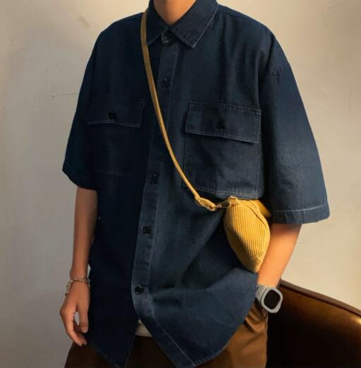 メンズ シャツ 夏物メンズデニムシャツ半袖カジュアル