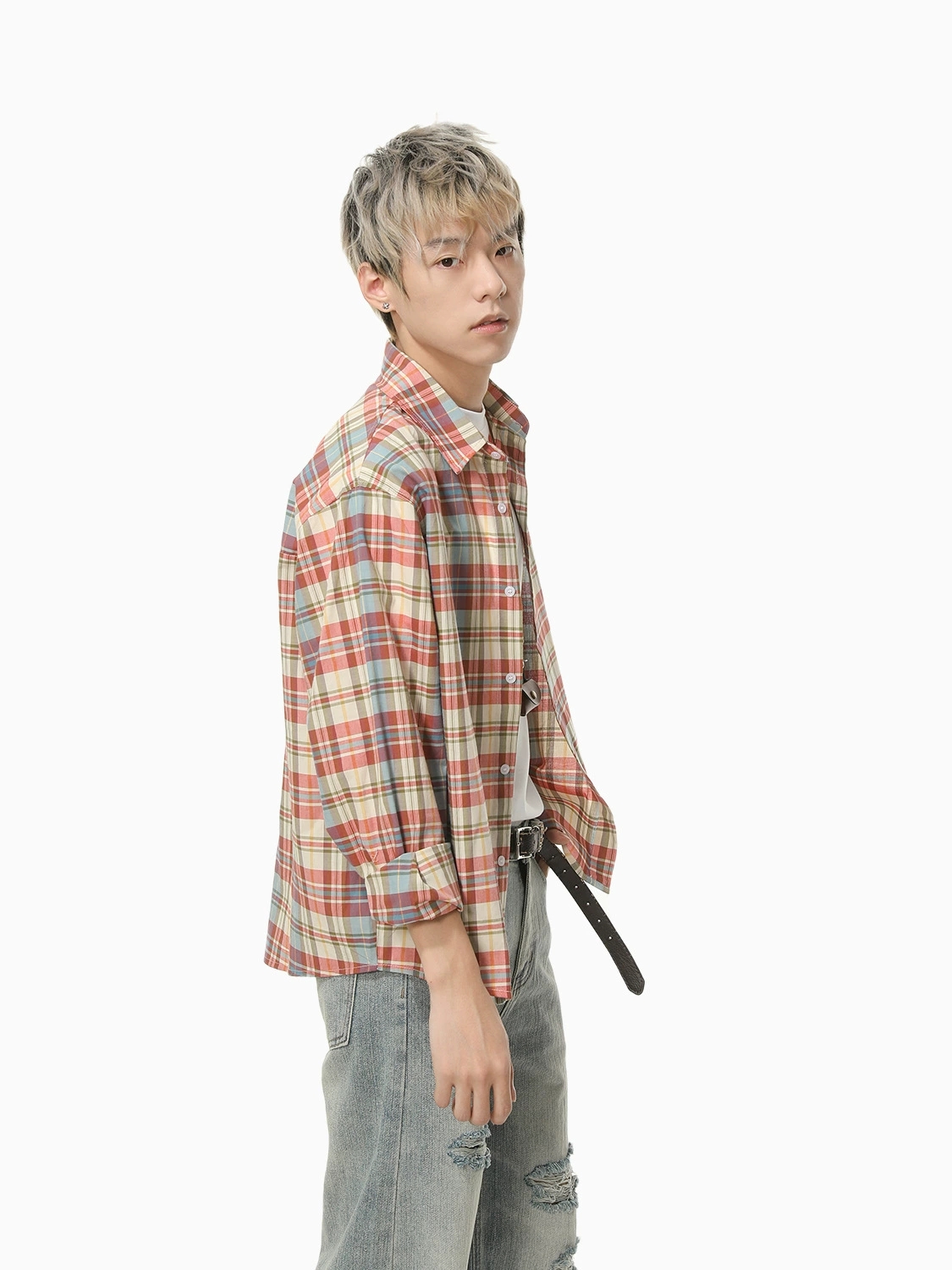 メンズ シャツ 刺繍入りチェック柄シャツ メンズカジュアルトップス