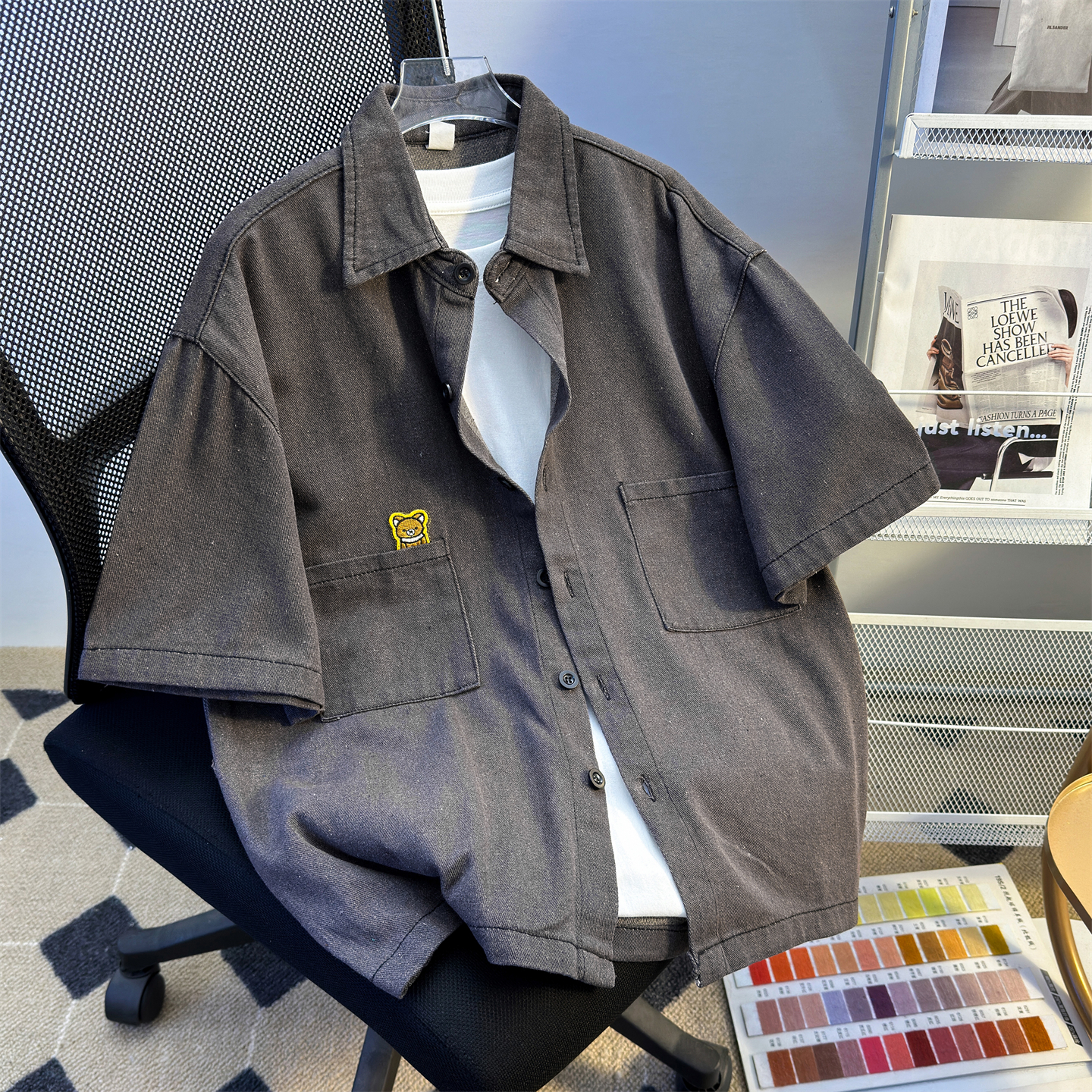 シャツ メンズ くまワッペン付き半袖デニムシャツ