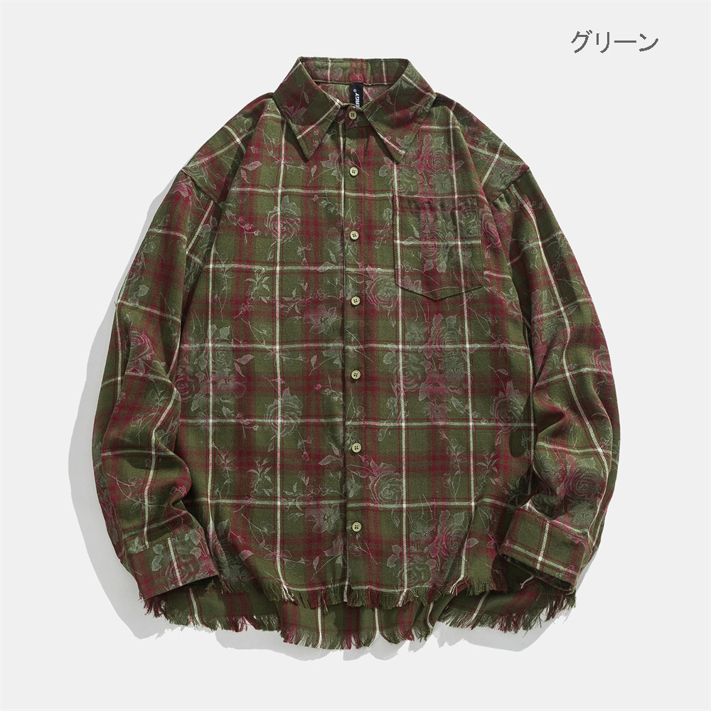 メンズ シャツ メンズ チェック柄シャツ フリンジ付き カジュアル 長袖