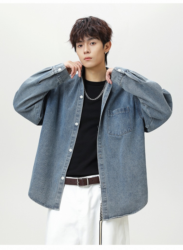 メンズ シャツ 秋新作 ヴィンテージ風 水洗い加工 デニムシャツ 長袖 全3色