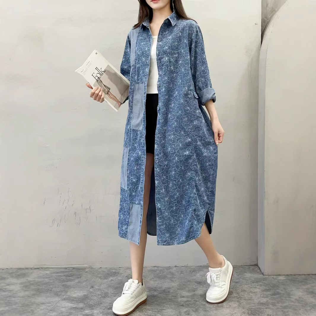 シャツワンピース デニム風切替デザインロング丈シャツワンピース