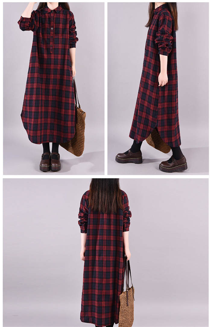 コットンチェック柄シャツワンピース長袖ロング丈