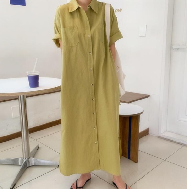 シャツワンピース日系麻綿混ロングワンピース