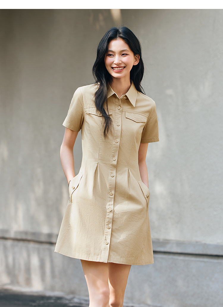 シャツワンピース 半袖シャツ襟ワンピース胸ポケット付き