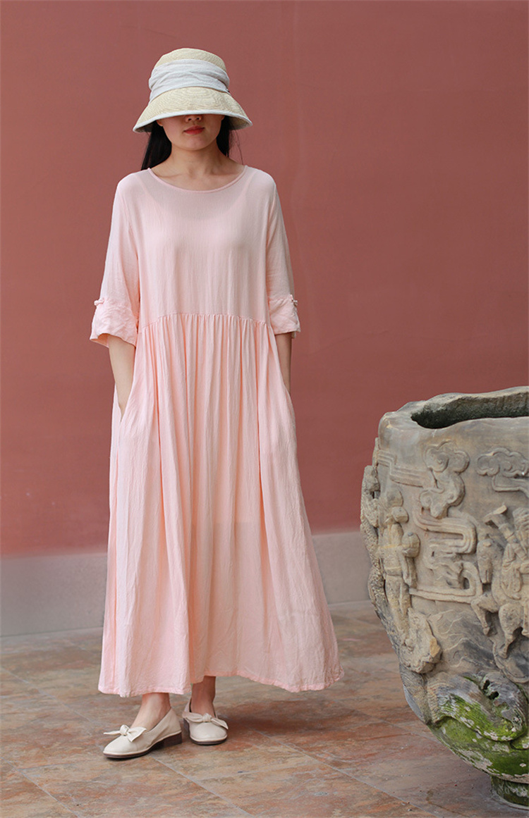 綿混素材ゆったり七分袖シャツワンピース