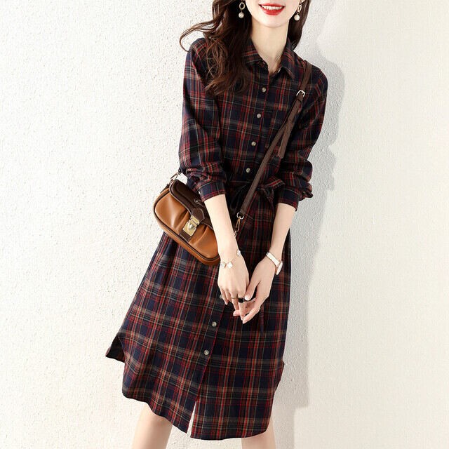 コーデュロイ チェック柄 シャツワンピース 長袖 ひざ丈