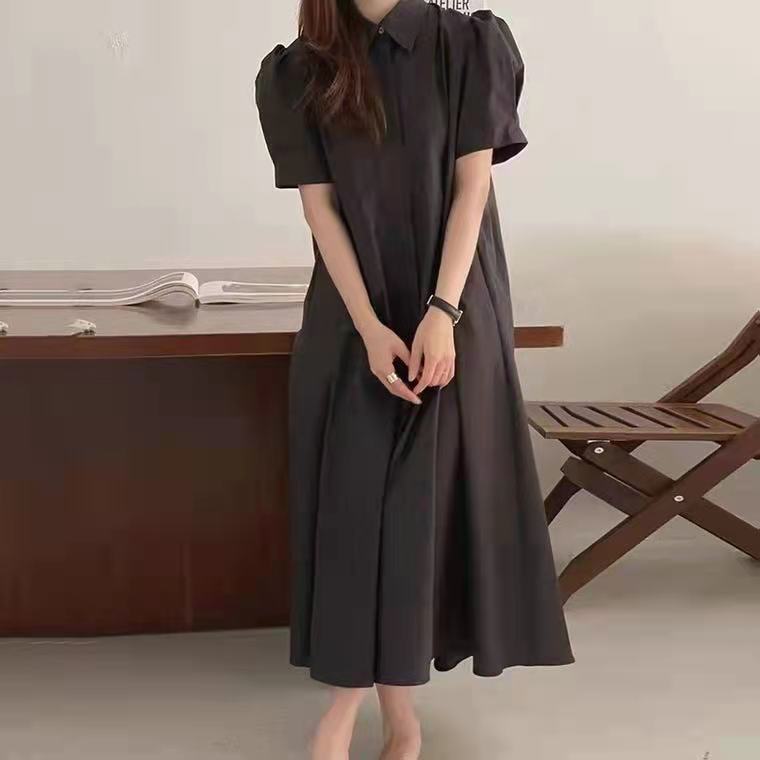 シャツワンピース韓国風ロング丈半袖ワンピース