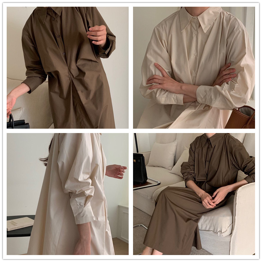 シャツワンピース  大人カジュアル長袖 ロング丈ワンピース