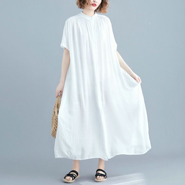 リネン素材 ボリューム袖シャツワンピース ロング丈