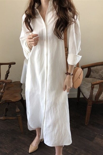 シアー素材シャツワンピース長袖女性用ロング丈