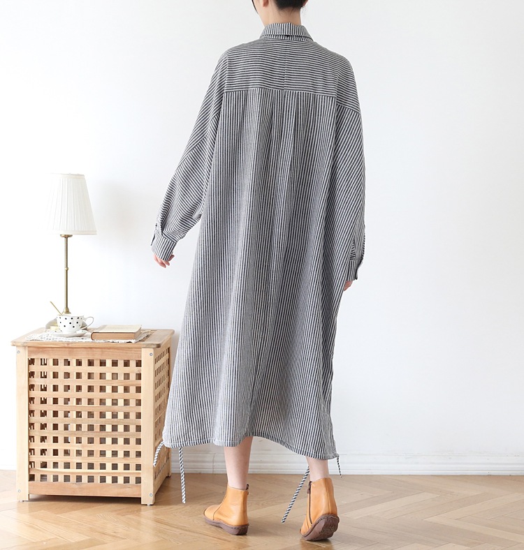 シャツワンピース細見えストライプワンピース