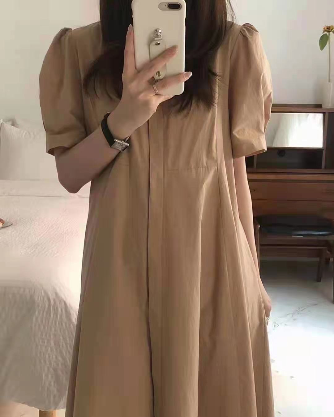 シャツワンピース韓国風ロング丈半袖ワンピース