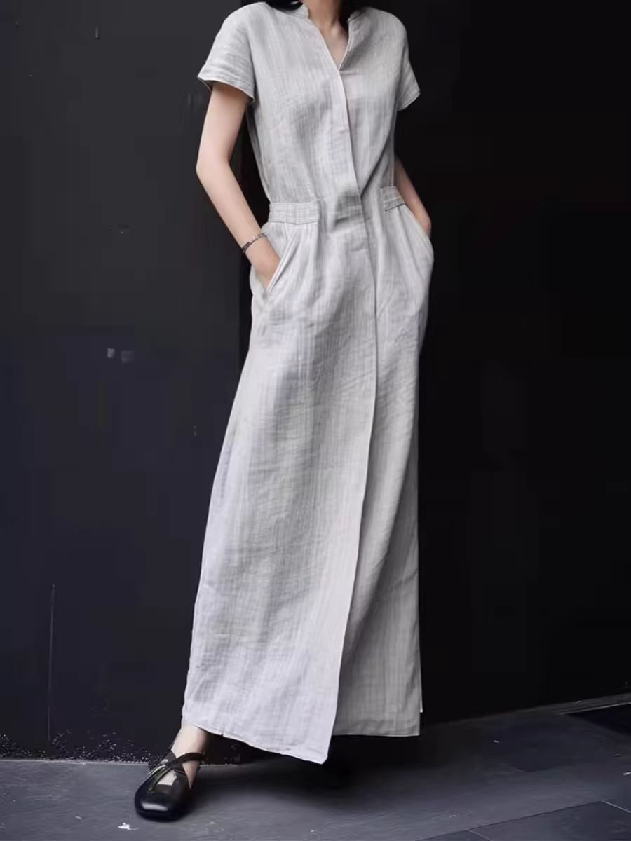 シャツワンピース 天然麻素材半袖ロング丈シャツワンピース