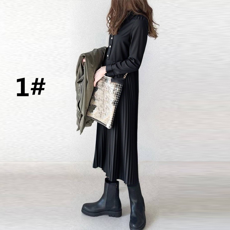 コットン混シャツワンピース レディース 長袖 ロング丈 プリーツスカート 秋新作