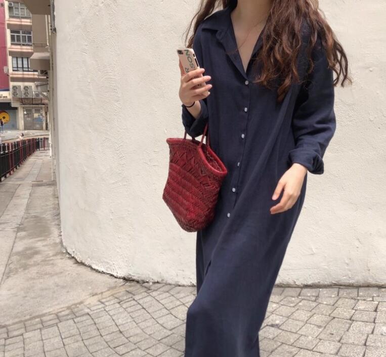 シャツワンピース麻綿混ロング丈ワンピース