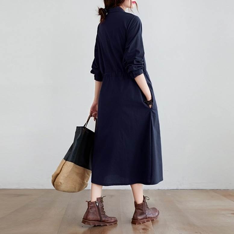 リネン風シャツワンピース長袖襟付きロング丈