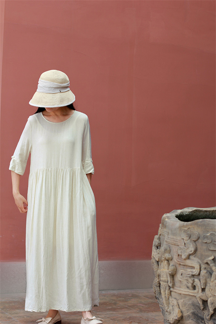 綿混素材ゆったり七分袖シャツワンピース