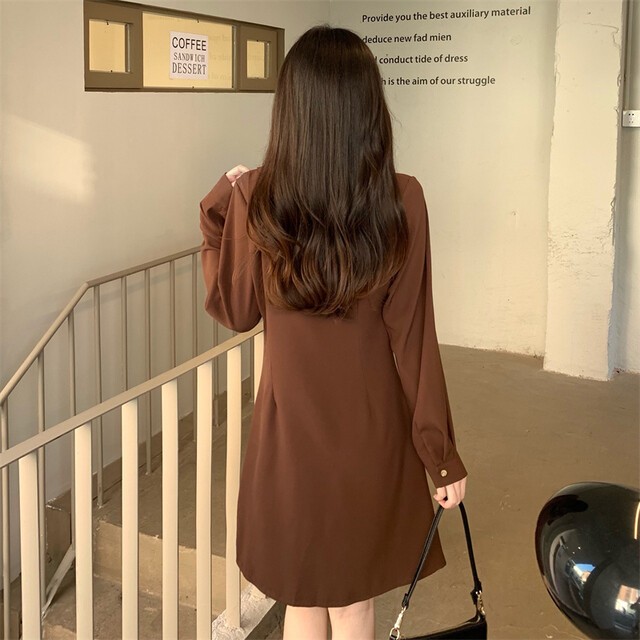 リネン風シャツワンピース レディース長袖ブラウン