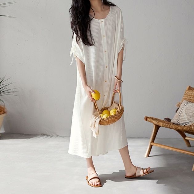 シャツワンピース ふんわりリボン袖のロングシャツワンピース