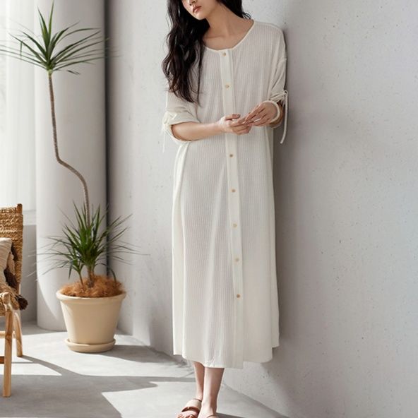 シャツワンピース ふんわりリボン袖のロングシャツワンピース