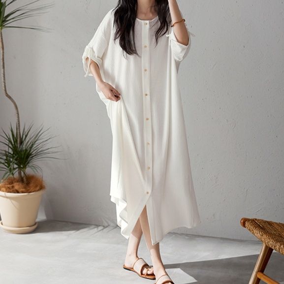 シャツワンピース ふんわりリボン袖のロングシャツワンピース