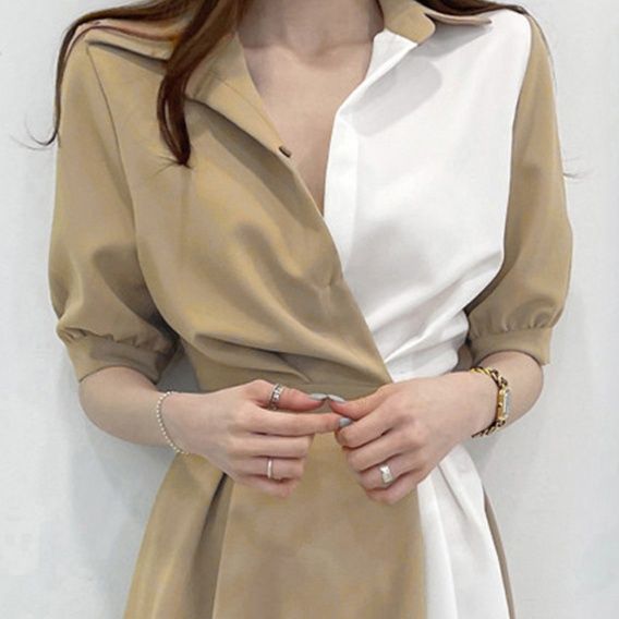 配色シャツワンピース ロング レディース 韓国風