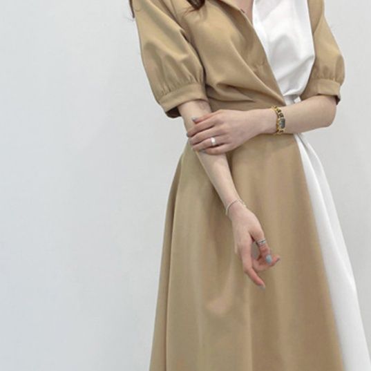 配色シャツワンピース ロング レディース 韓国風