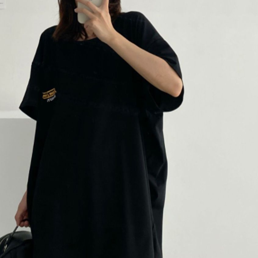 シャツワンピース 体型カバー半袖チュニック丸首ロゴ入り