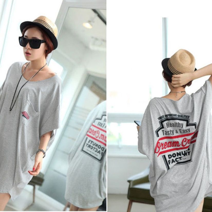 シャツワンピース 体型カバー半袖チュニック丸首ロゴ入り