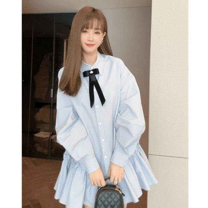 リボン飾り付き裾フリルシャツワンピース