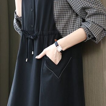格子柄袖切替えウエスト絞りシャツワンピース