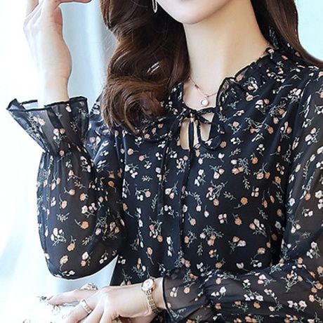 小花柄リボンタイ付きシフォン長袖シャツワンピース