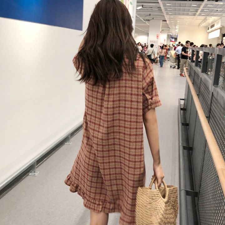  格子柄裾フリル半袖シャツワンピース