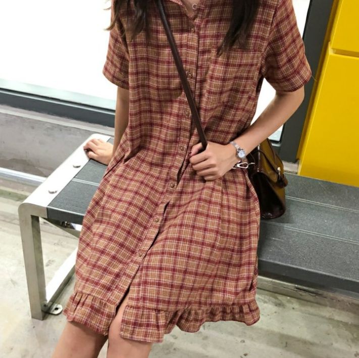  格子柄裾フリル半袖シャツワンピース