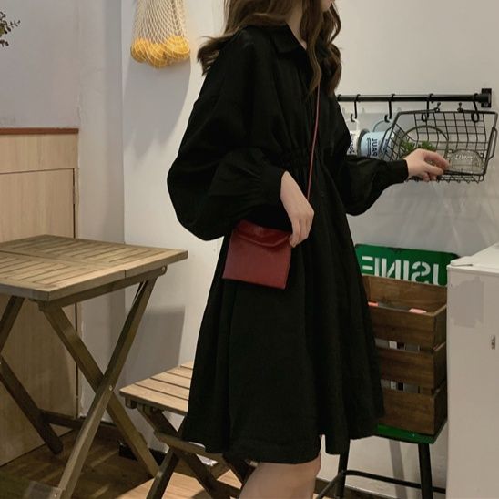  袖ぷっくりウエストギャザー長袖シャツワンピース