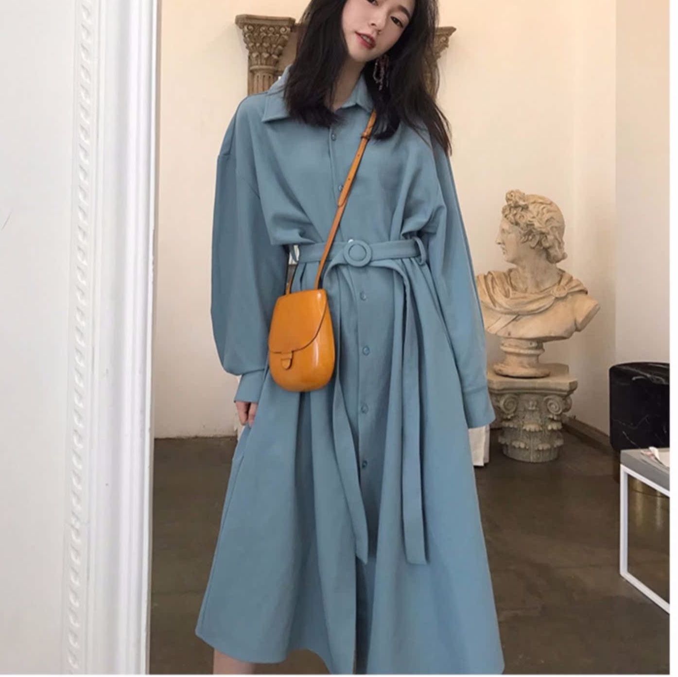 ベルト付きロングシャツワンピース