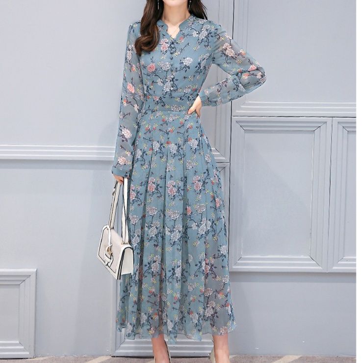  花柄シフォン長袖シャツワンピース