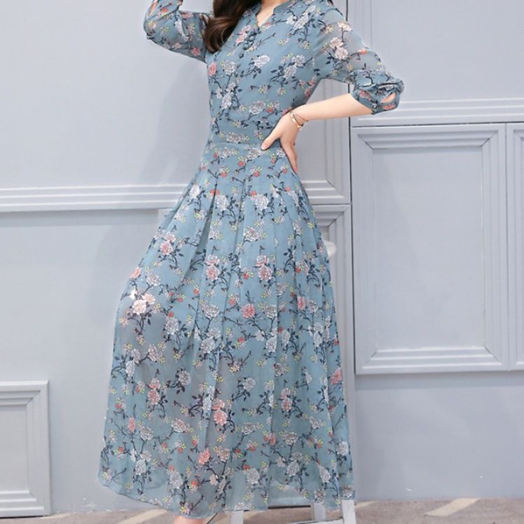  花柄シフォン長袖シャツワンピース