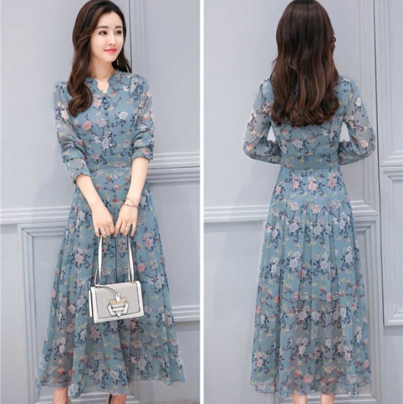  花柄シフォン長袖シャツワンピース