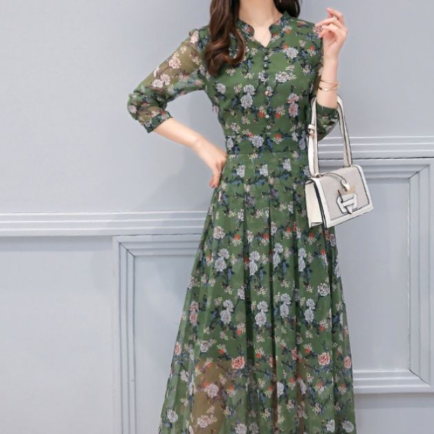  花柄シフォン長袖シャツワンピース