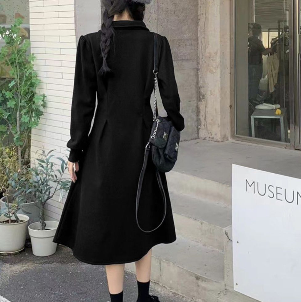 襟付き長袖ハーフ開きシャツワンピース・ウエスト切替その他