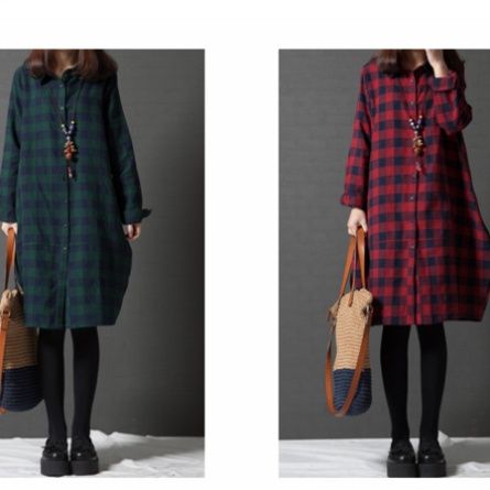 シャツワンピース 格子柄ゆったりシルエット長袖シャツワンピース