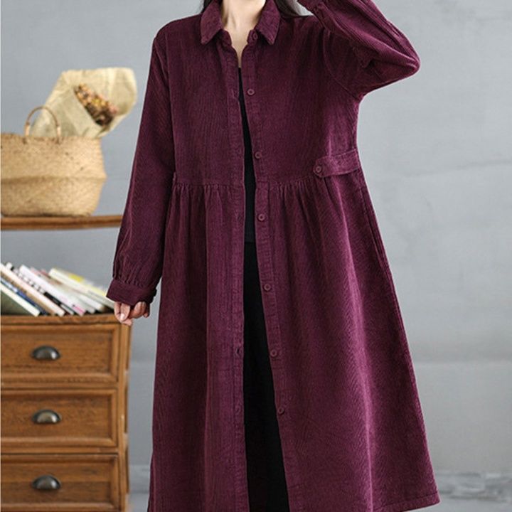 コーデュロイシャツワンピース長袖ロング丈秋冬