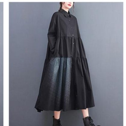 コットン素材ティアードシャツワンピース長袖マキシ丈春夏