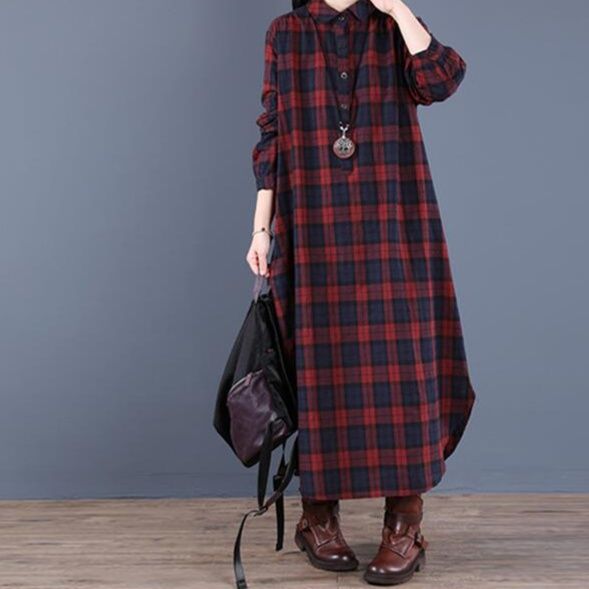 コットンチェック柄シャツワンピース長袖